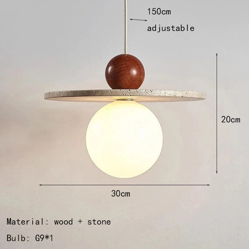 Lustre rond en pierre et bois avec cordon réglable - Livraison directe assurée
