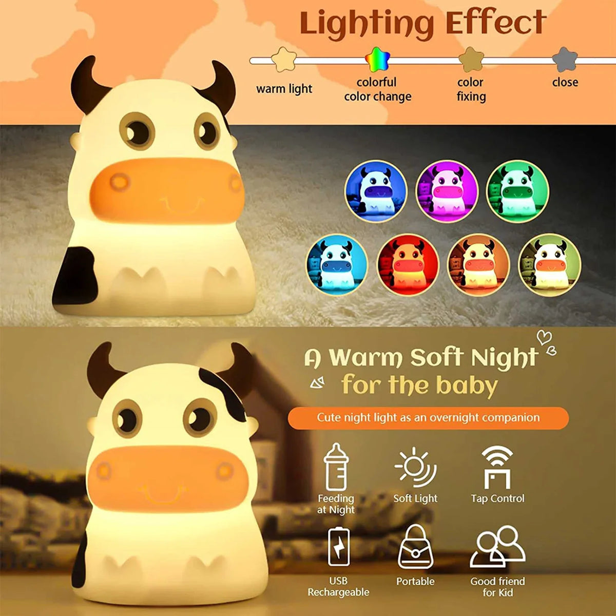 Veilleuse Mignon Vache 7 Couleurs En Silicone Souple - Lampe Enfant Veilleuse À Distance LED