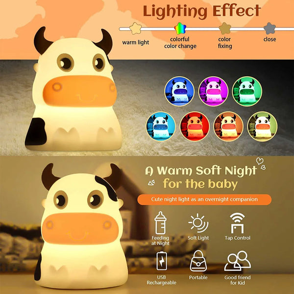 Veilleuse Mignon Vache 7 Couleurs En Silicone Souple - Lampe Enfant Veilleuse À Distance LED