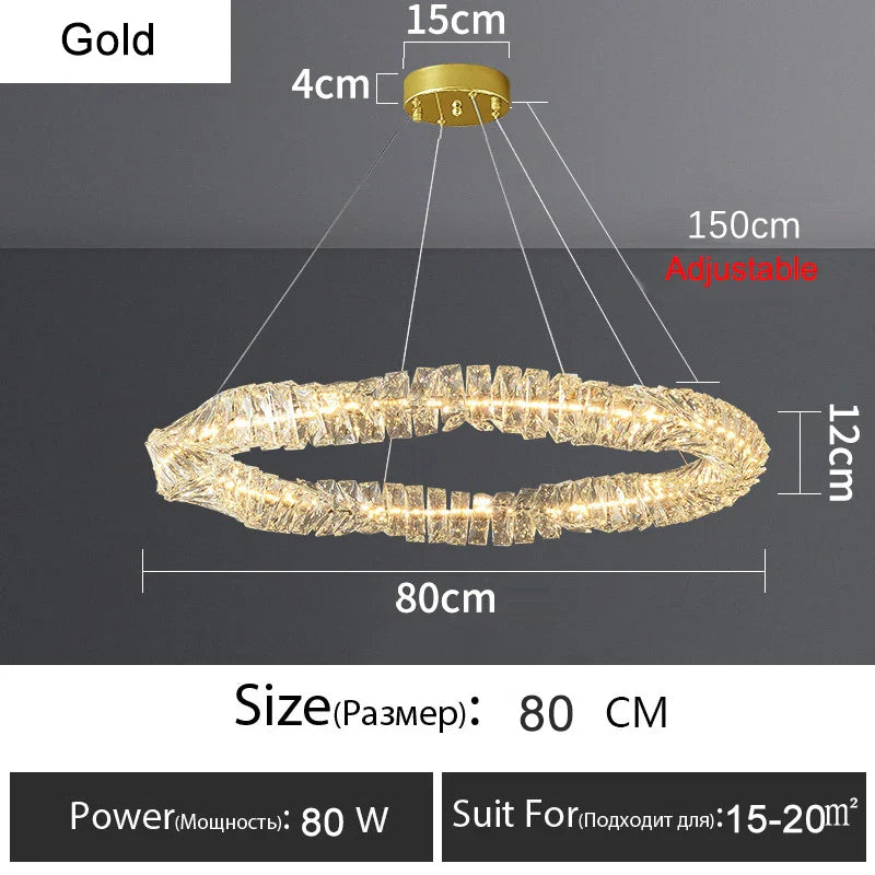 Lustre Or Dimmable avec anneau de lumière LED en cristal pour maison moderne de luxe