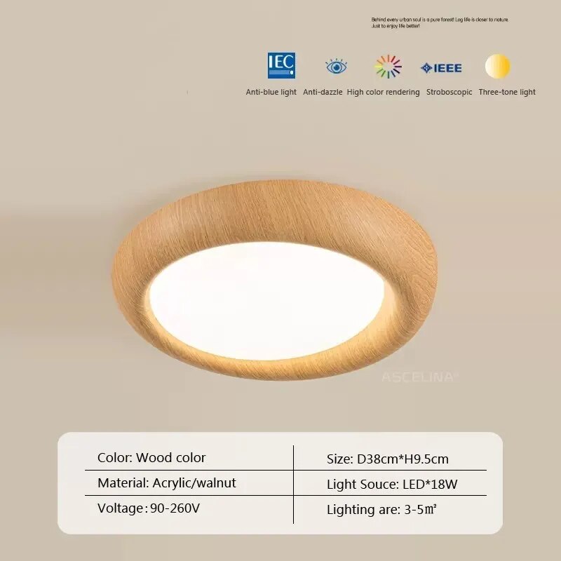 Plafonnier LED nordique en bois et acrylique anti lumière bleue