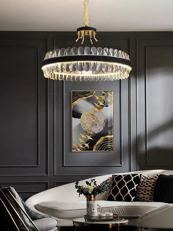 Lustre en cuir LED Cristal Luxueux Rond Suspendu Moderne - Élégance Brillante