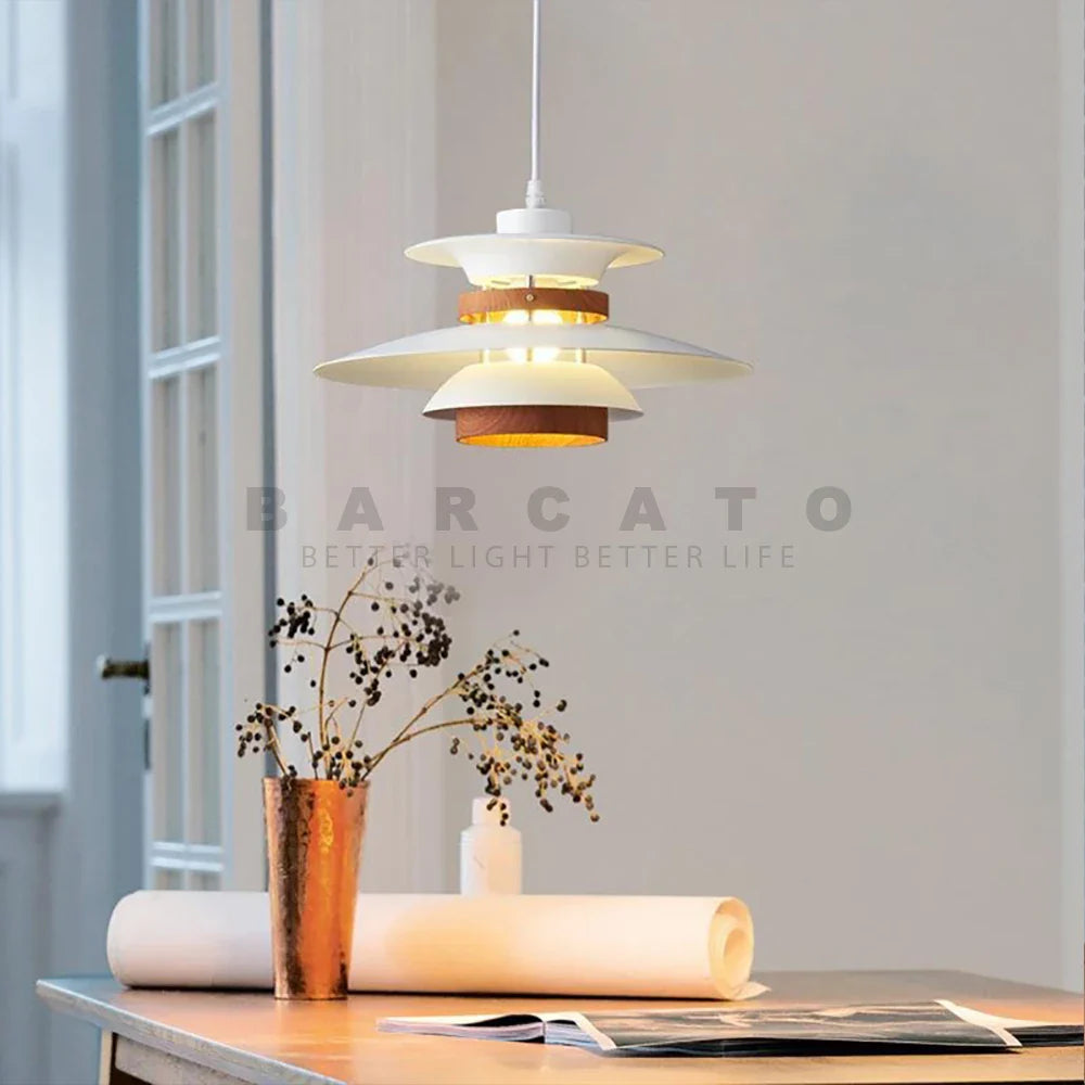 Lustre Design Danois LED Rétro en Noyer - Lampe Suspendue