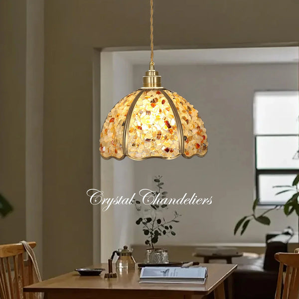 Suspension de luxe en cuivre et cristal naturel à LED