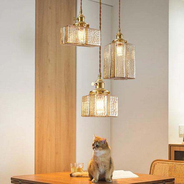 Suspension japonaise vintage en verre et laiton LED