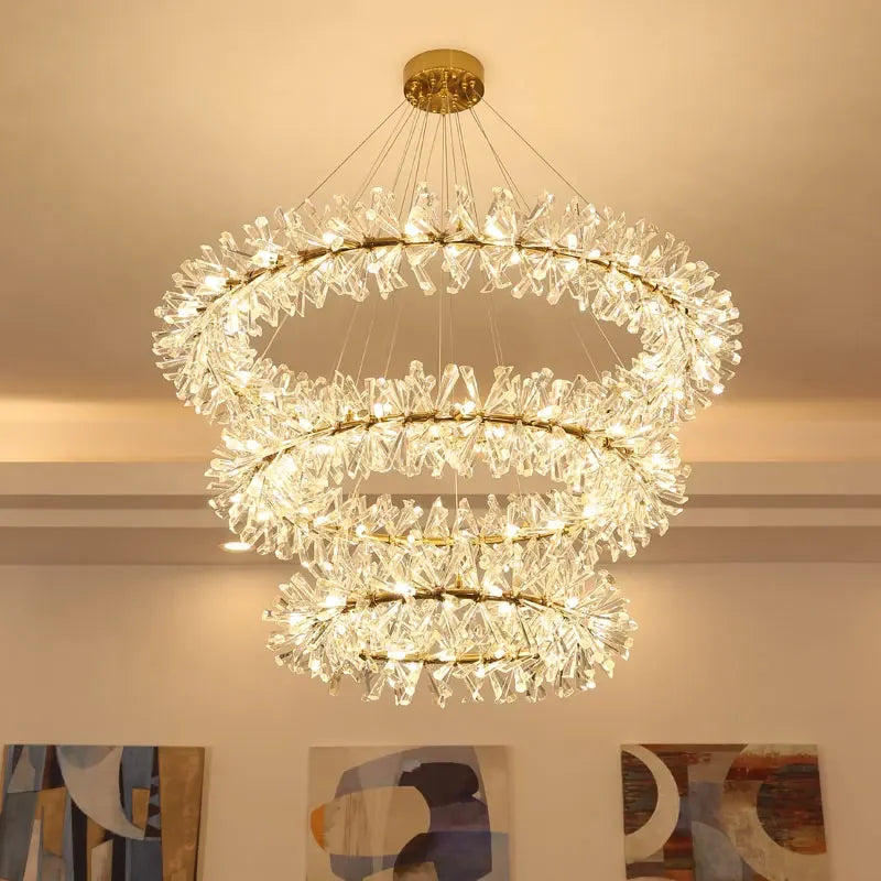 Lustre en cristal de fleur moderne luxe Suspension LED pour salon 60 80 100 cm anneaux suspendus