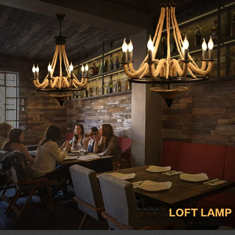 Lustre loft américain en bois et corde de chanvre industrielle