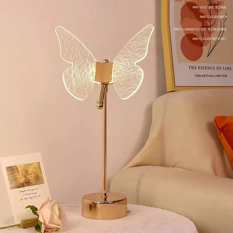 Lampe de table rétro or acrylique papillon LED - Éclairage élégant pour hôtel, villa et salon