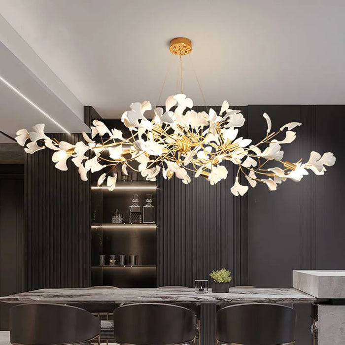 Lustre de Luxe Feuilles de Céramique et Branches d'Or