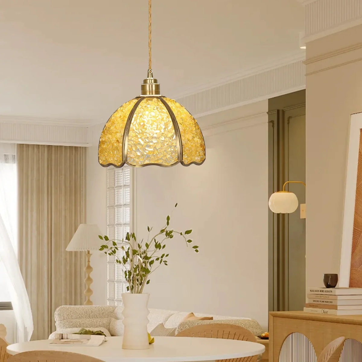 Suspension de luxe en cuivre et cristal naturel à LED