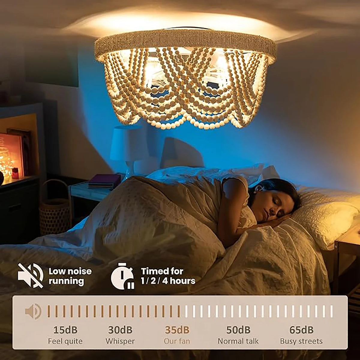 Plafonnier LED Bohémien en Perles de Bois avec Télécommande Style Nordique Vintage