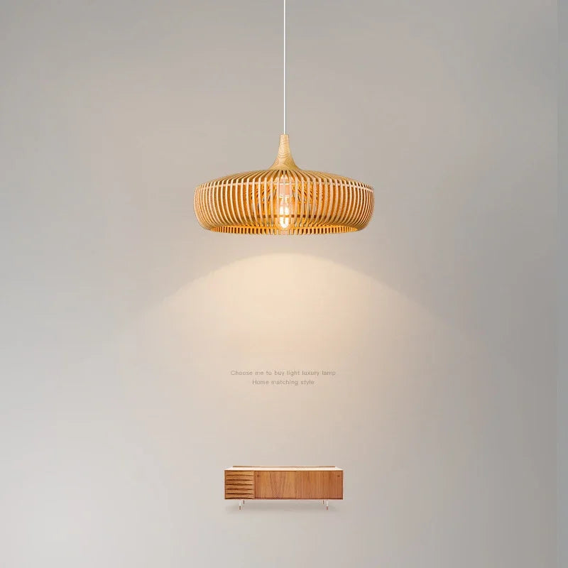 Lustre en bois rond rétro pour table de restaurant avec LED - Style Vintage et Élégance Moderne