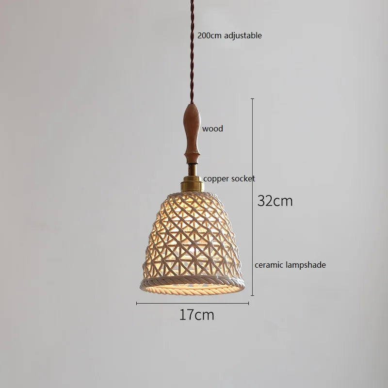 Suspension japonaise en céramique et bois de frêne vintage