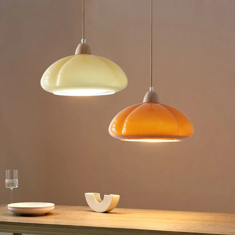 Suspension "Citrouille Lumineuse" en Verre LED Style Japonais Vintage en Bois