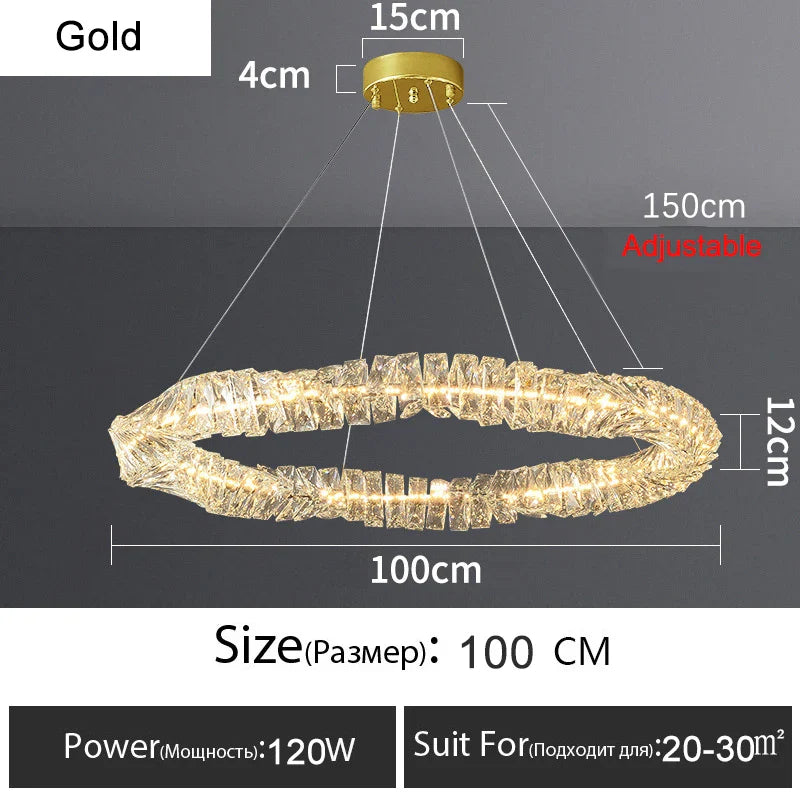 Lustre Or Dimmable avec anneau de lumière LED en cristal pour maison moderne de luxe