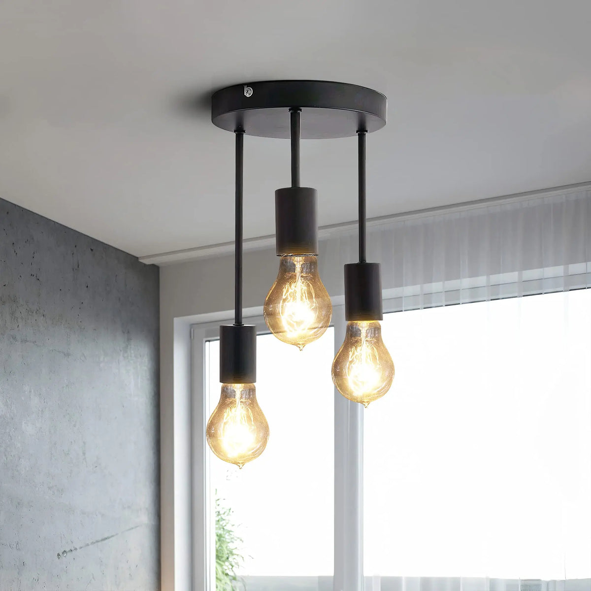Grensk - Plafonnier Industriel Noir 3 Têtes Ampoules Luminaire Vintage Pour Cuisine Balcon Porche Salon