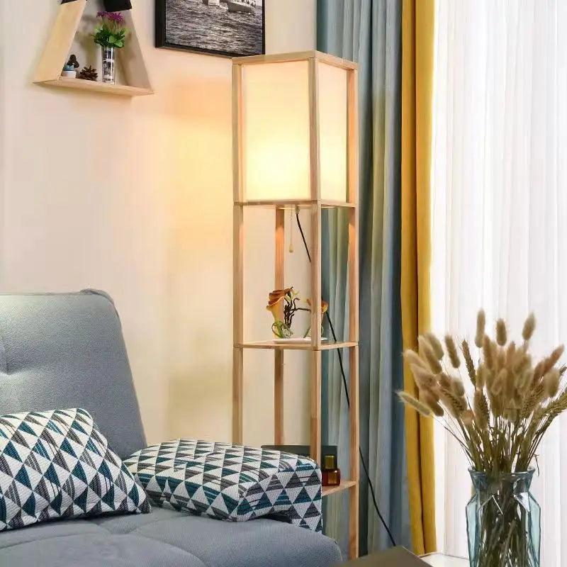 Lampadaire LED SkyFlo Nordic - Étagère de rangement en bois massif avec support fleur - Pour salon, chambre, bibliothèque