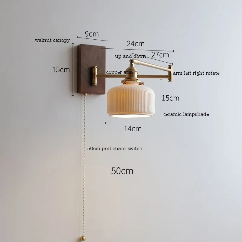 Applique murale IWDH en bois de frêne et noyer avec interrupteur à chaîne