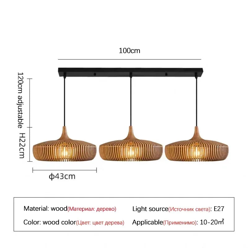 Lustre en bois rond rétro pour table de restaurant avec LED - Style Vintage et Élégance Moderne