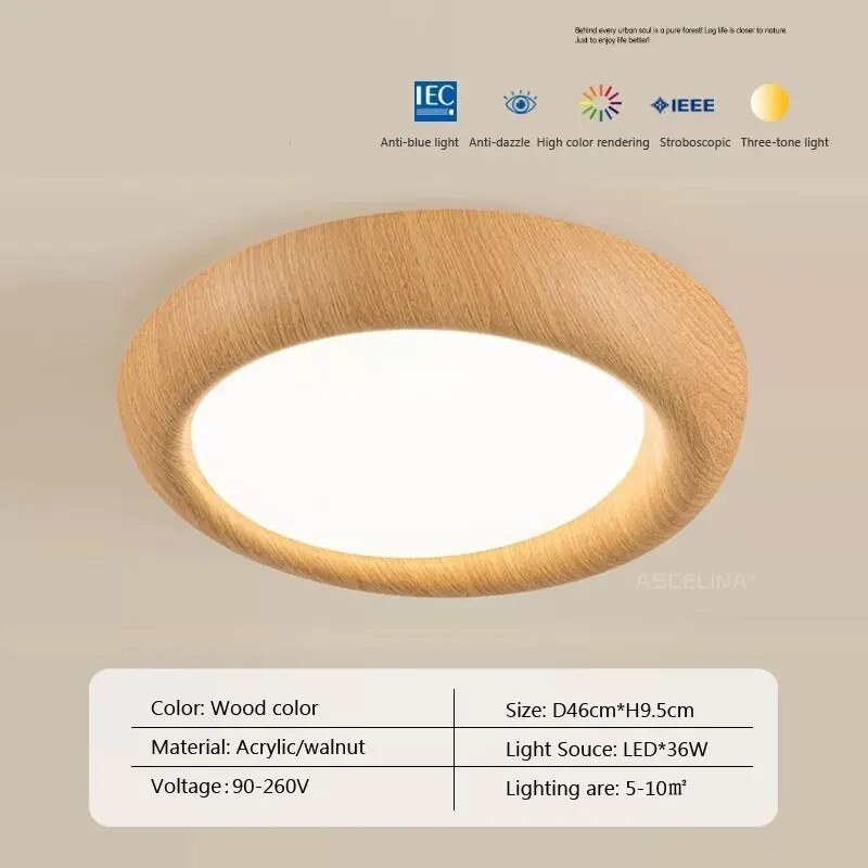 Plafonnier LED nordique en bois et acrylique anti lumière bleue