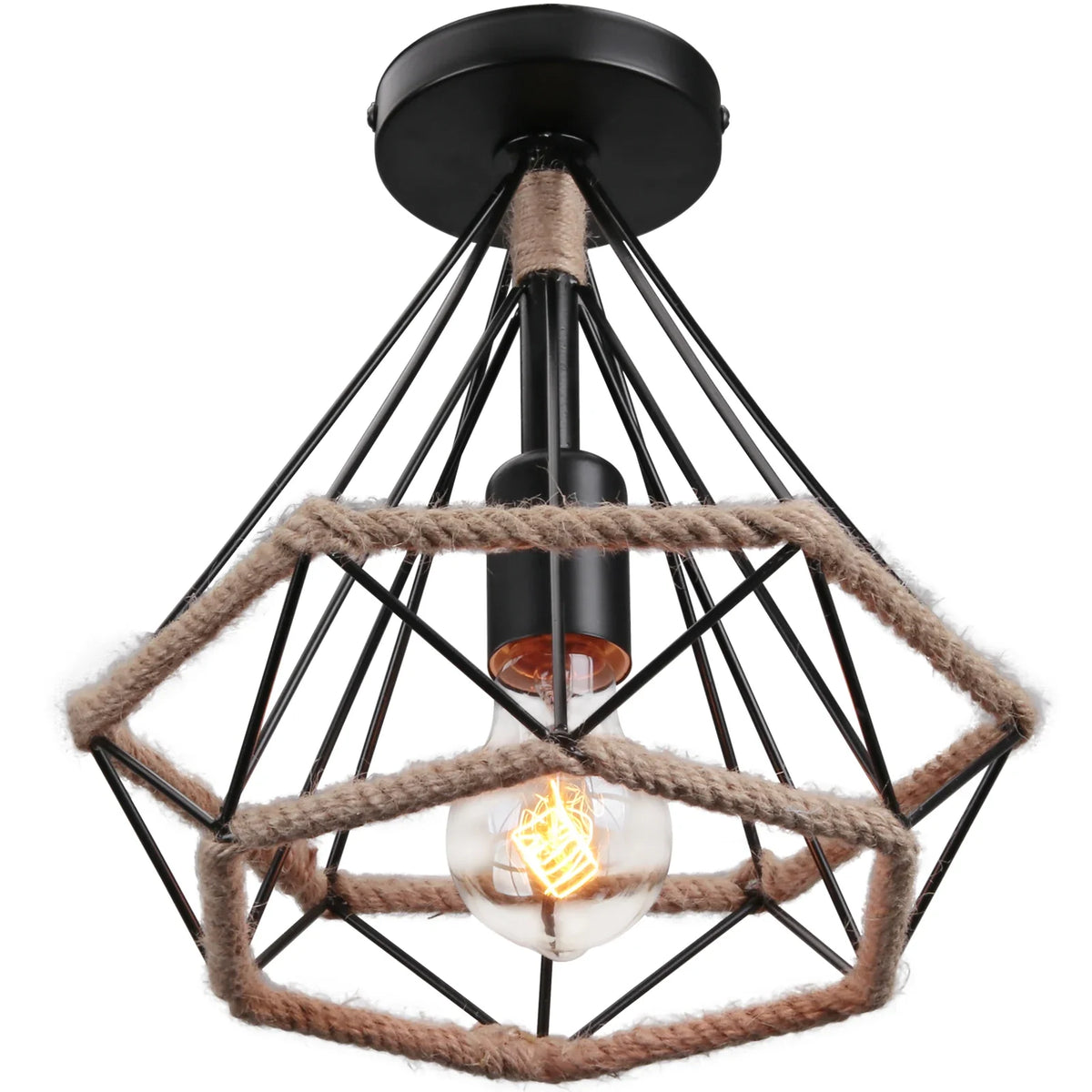Plafonnier rétro en métal pour intérieur d'allée, avec cage en fer et corde de chanvre