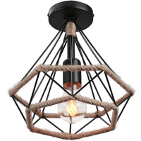 Plafonnier rétro en métal pour intérieur d'allée, avec cage en fer et corde de chanvre