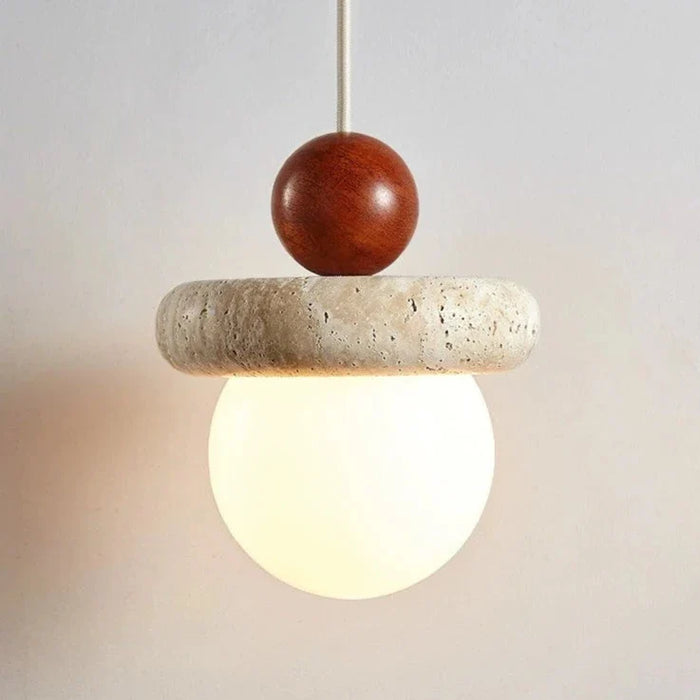 Suspension Led Style crème médiévale Memphis - Petite pierre claire et bois