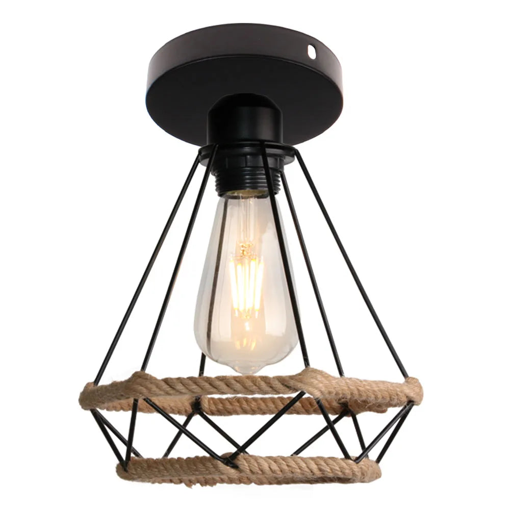 Plafonnier rétro en métal pour intérieur d'allée, avec cage en fer et corde de chanvre