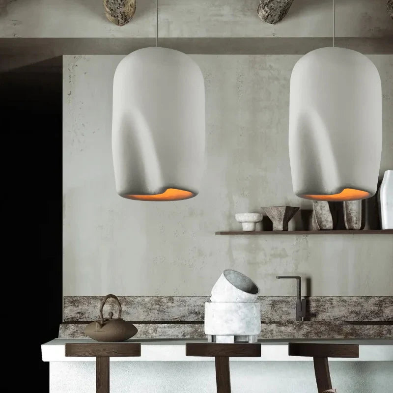 Suspension Wabi Sabi en polystyrène fait main - Bois et LED E27