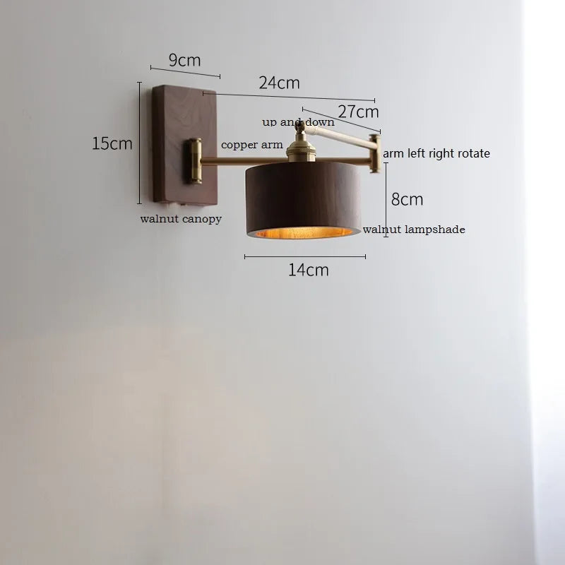 Applique murale IWDH en bois de frêne et noyer avec interrupteur à chaîne