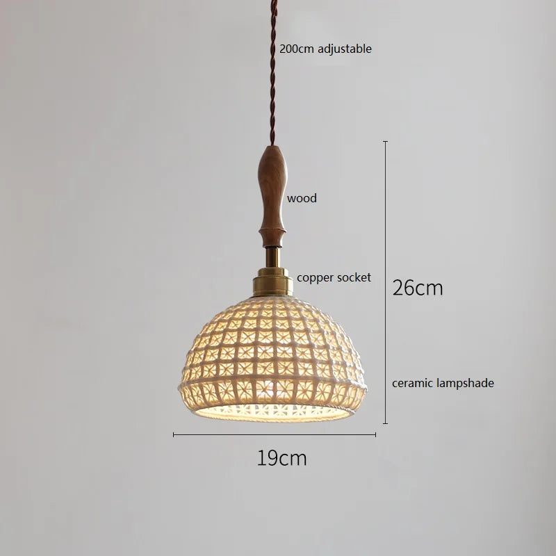 Suspension japonaise en céramique et bois de frêne vintage