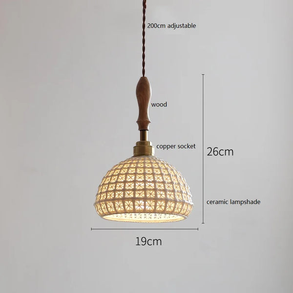 Suspension japonaise en céramique et bois de frêne vintage