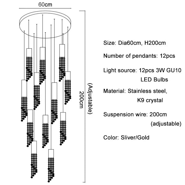 Lustre LED de Luxe Moderne en Cristal pour Escalier