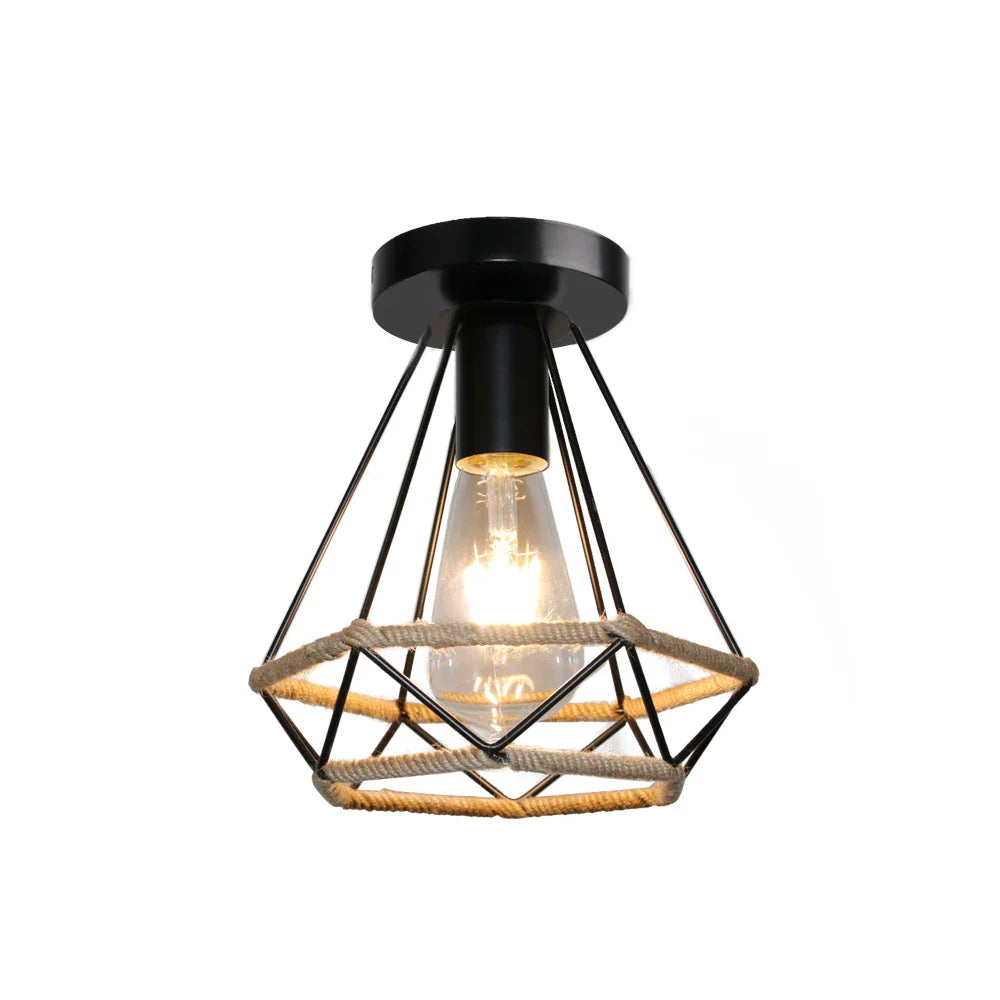 Plafonnier rétro en métal pour intérieur d'allée, avec cage en fer et corde de chanvre