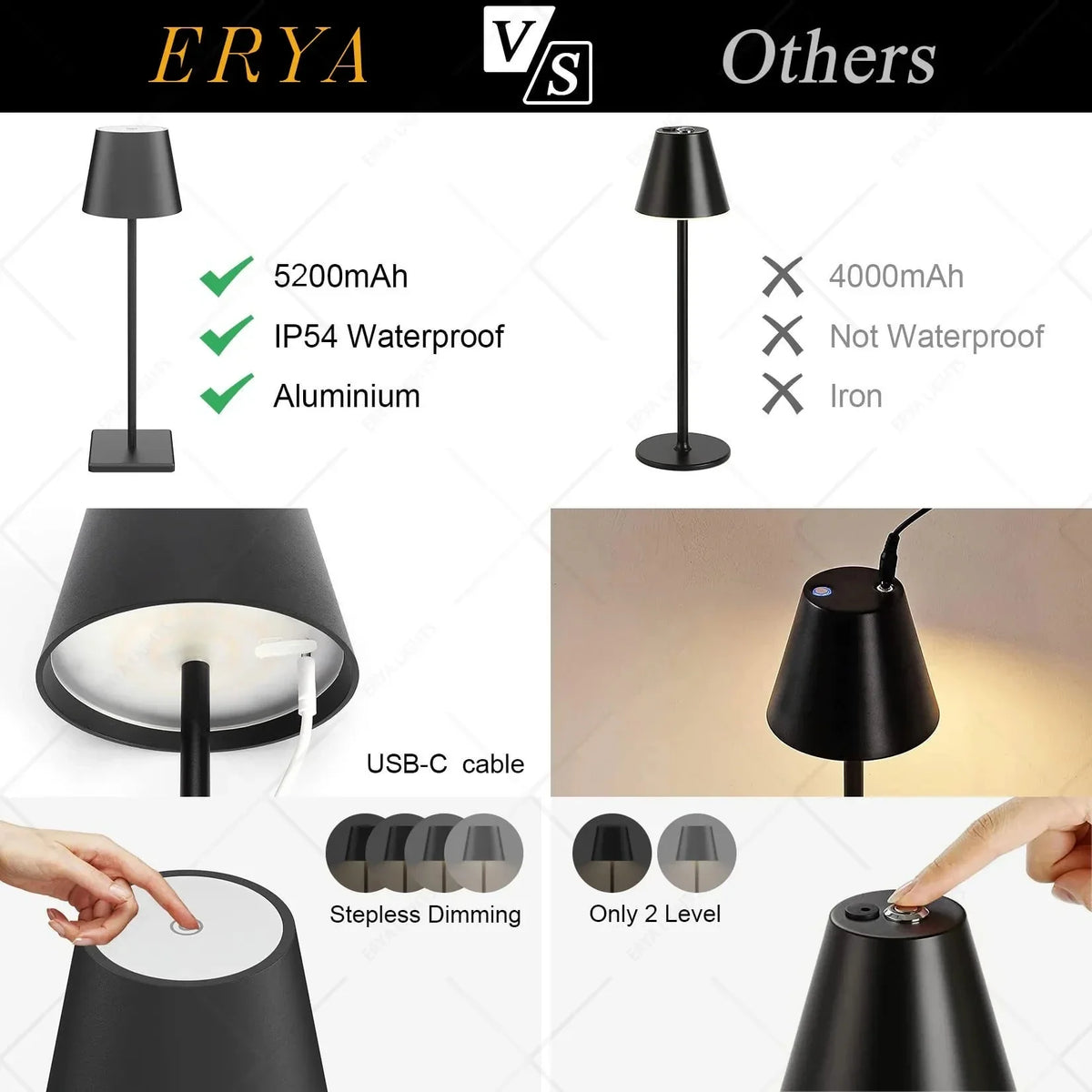 Lampe de table sans fil en métal noir, style varié.