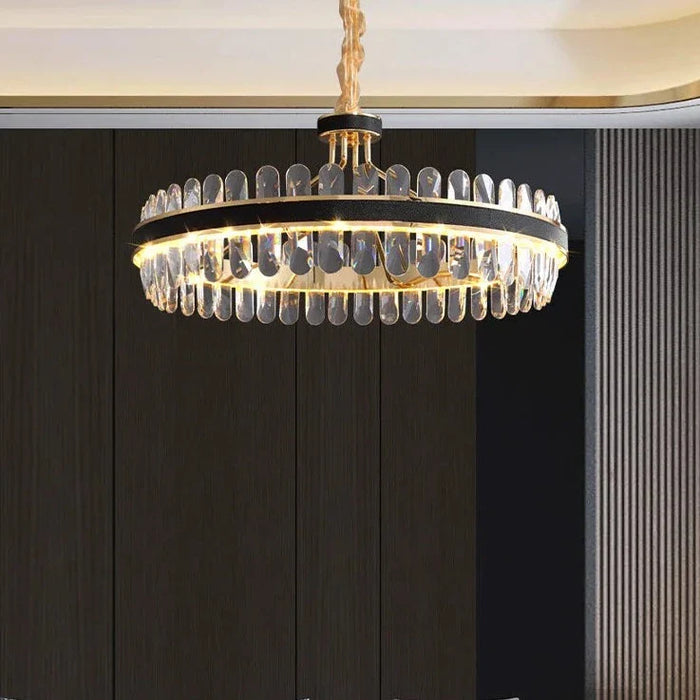 Lustre en cuir LED Cristal Luxueux Rond Suspendu Moderne - Élégance Brillante