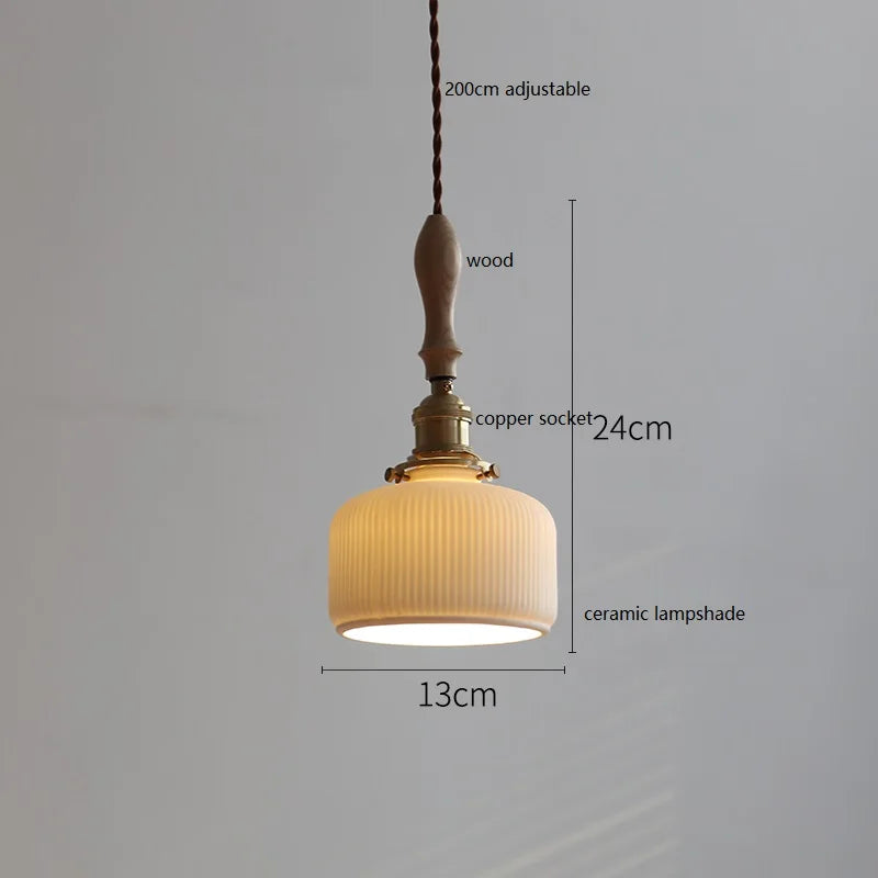 Suspension japonaise en céramique et bois de frêne vintage