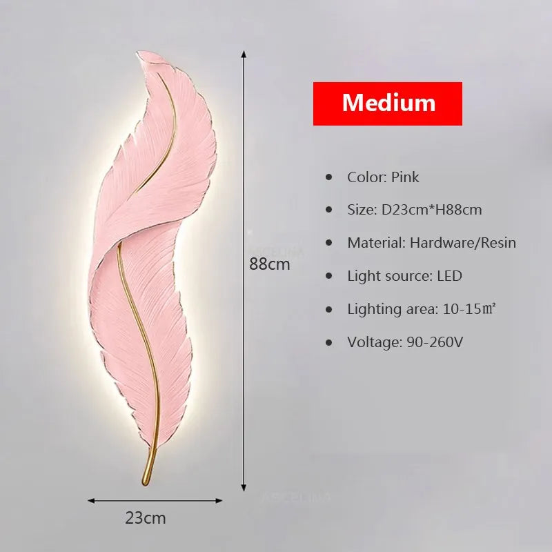 Applique murale LED Plume en résine - Modèle Moderne aux Couleurs Rose et Bleu