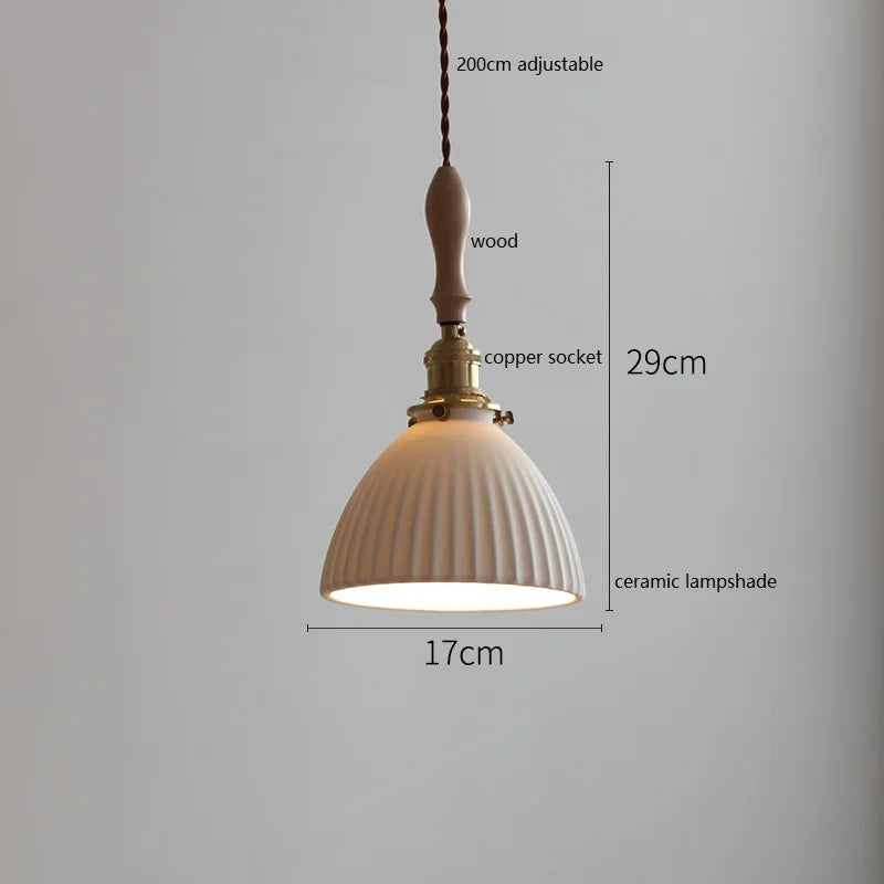 Suspension japonaise en céramique et bois de frêne vintage
