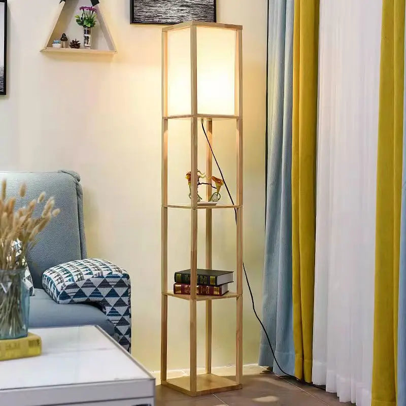 Lampadaire LED SkyFlo Nordic - Étagère de rangement en bois massif avec support fleur - Pour salon, chambre, bibliothèque