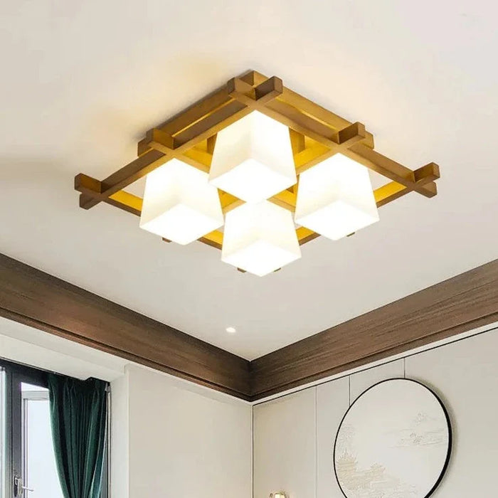 Plafonnier LED japonais avec abat-jour en verre et base en bois - Édition Exclusive