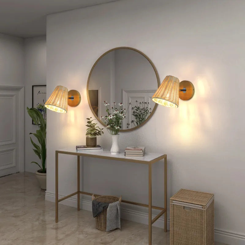 Applique murale LED vintage en rotin tissé à la main avec interrupteur
