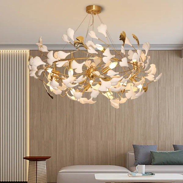 Lustre de Luxe Feuilles de Céramique et Branches d'Or