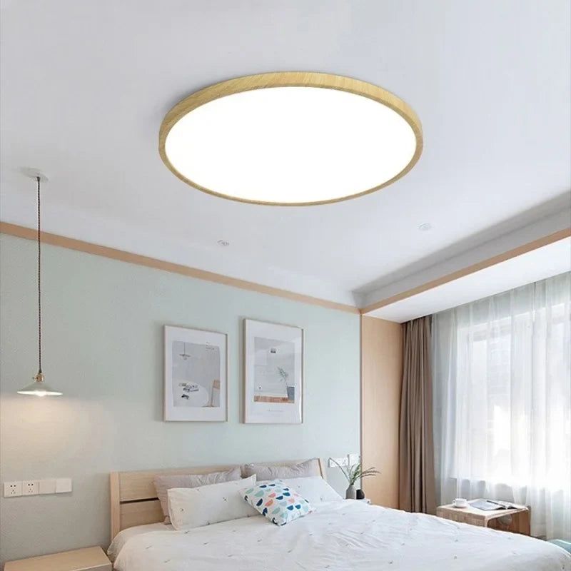 Plafonnier LED Circulaire Ultra-Mince Grain de Bois, 3 Tons de Lumière