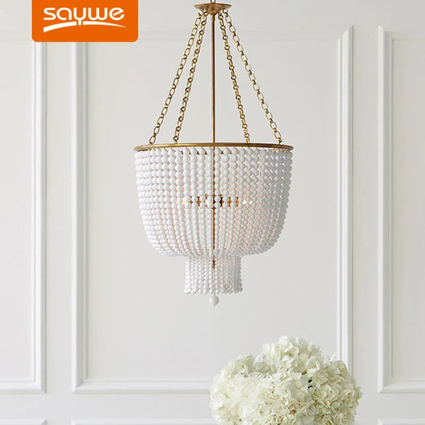 Lustre en cristal doré/chrome avec perles en bois - Éclairage LED E14 reconnaissable