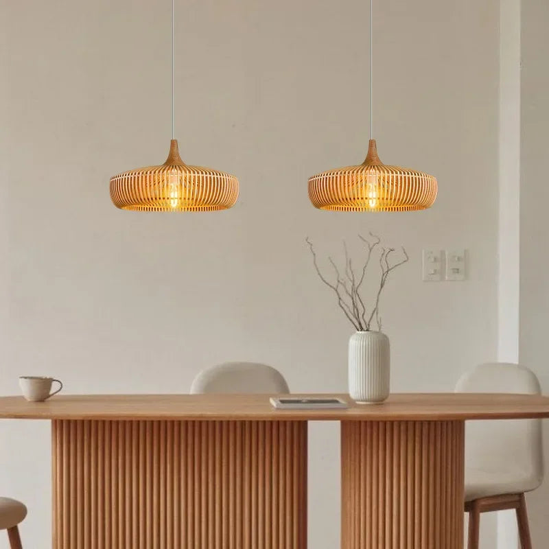 Lustre en bois rond rétro pour table de restaurant avec LED - Style Vintage et Élégance Moderne