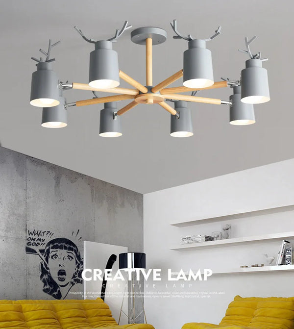 Lustre en rondins scandinave - Design cerf pour éclairage intérieur