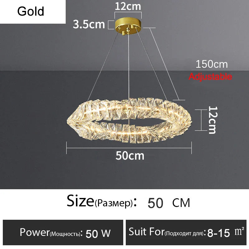 Lustre Or Dimmable avec anneau de lumière LED en cristal pour maison moderne de luxe