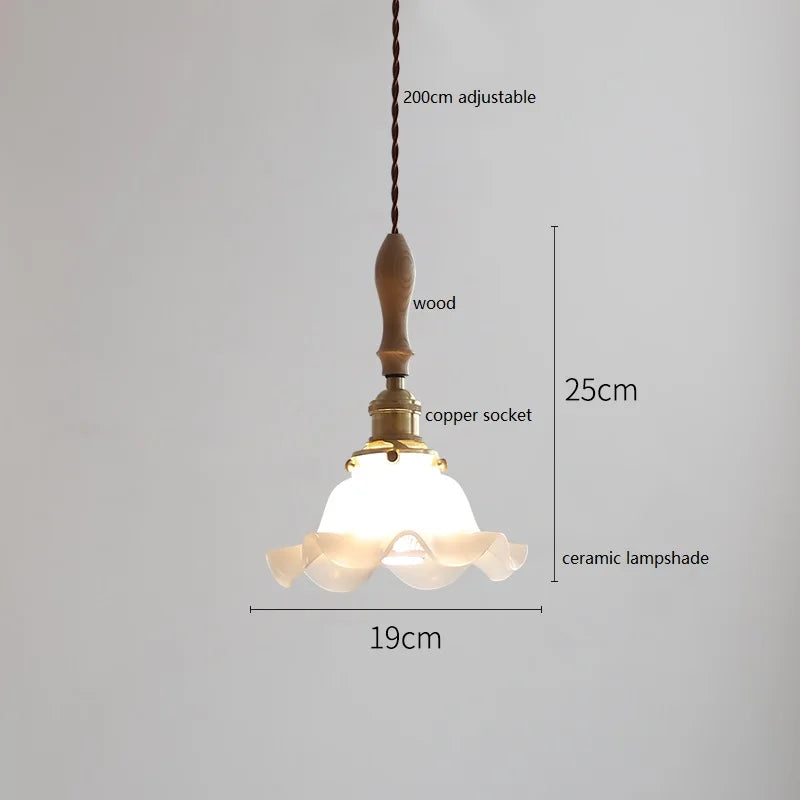 Suspension japonaise en céramique et bois de frêne vintage