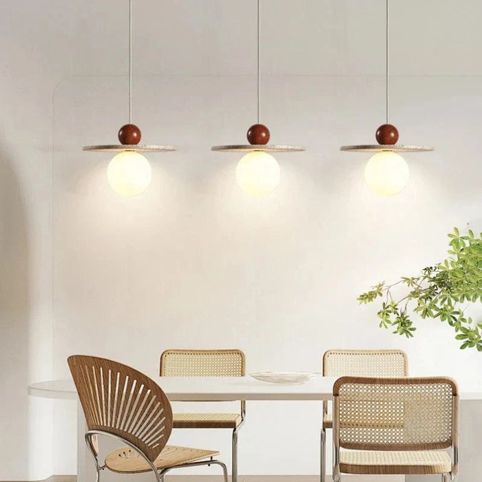 Lustre rond en pierre et bois avec cordon réglable - Livraison directe assurée